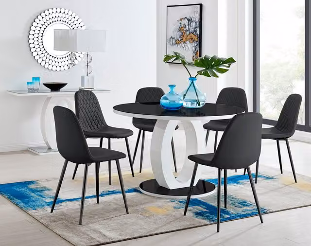 FurnitureboxUK Giovani Round Dining Set with Black Glass Table and 6 White Corona Chairs, Diameter: 120 cm