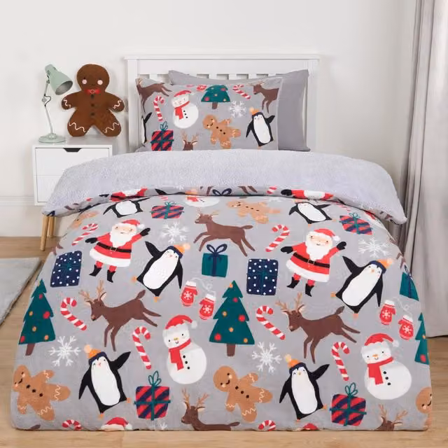 OHS Christmas Friends Fleece Duvet Set and Pillowcase in Grey