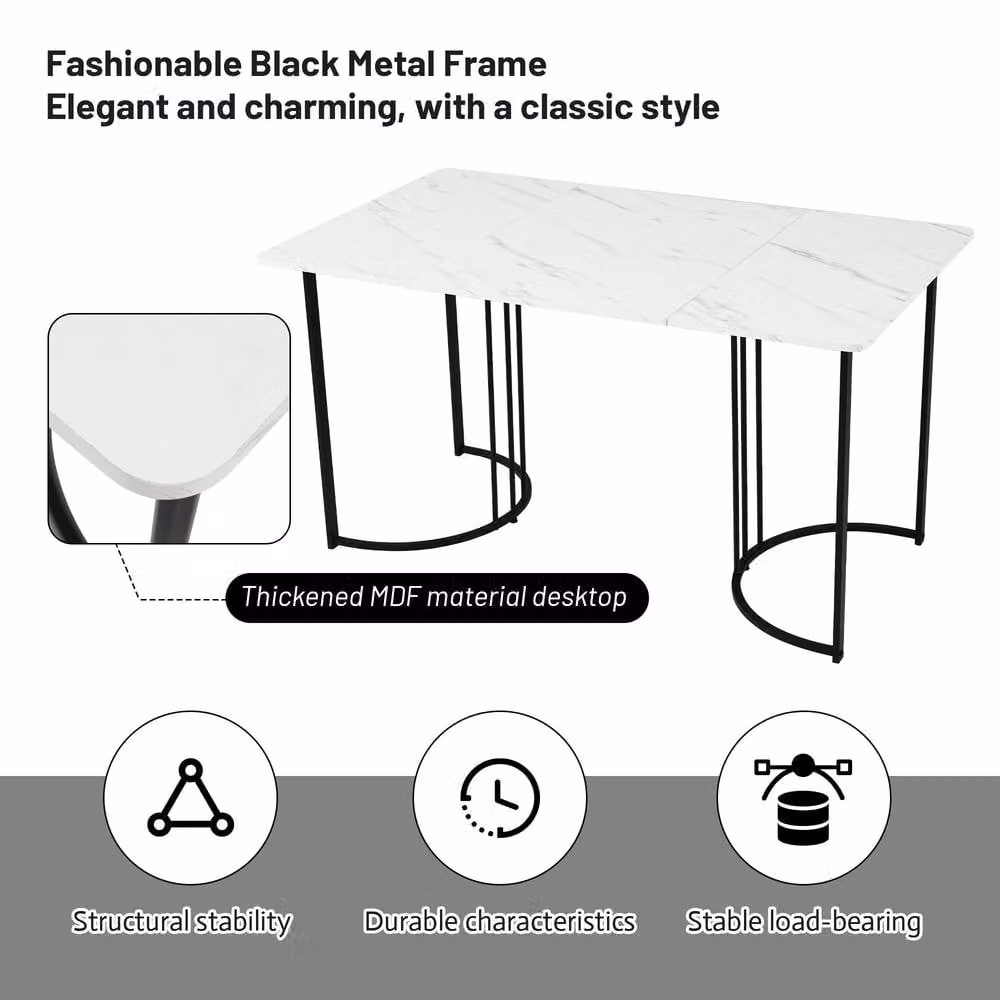 ModernLuxe White Marble Look Rectangular Dining Table with Metal Frame – 4