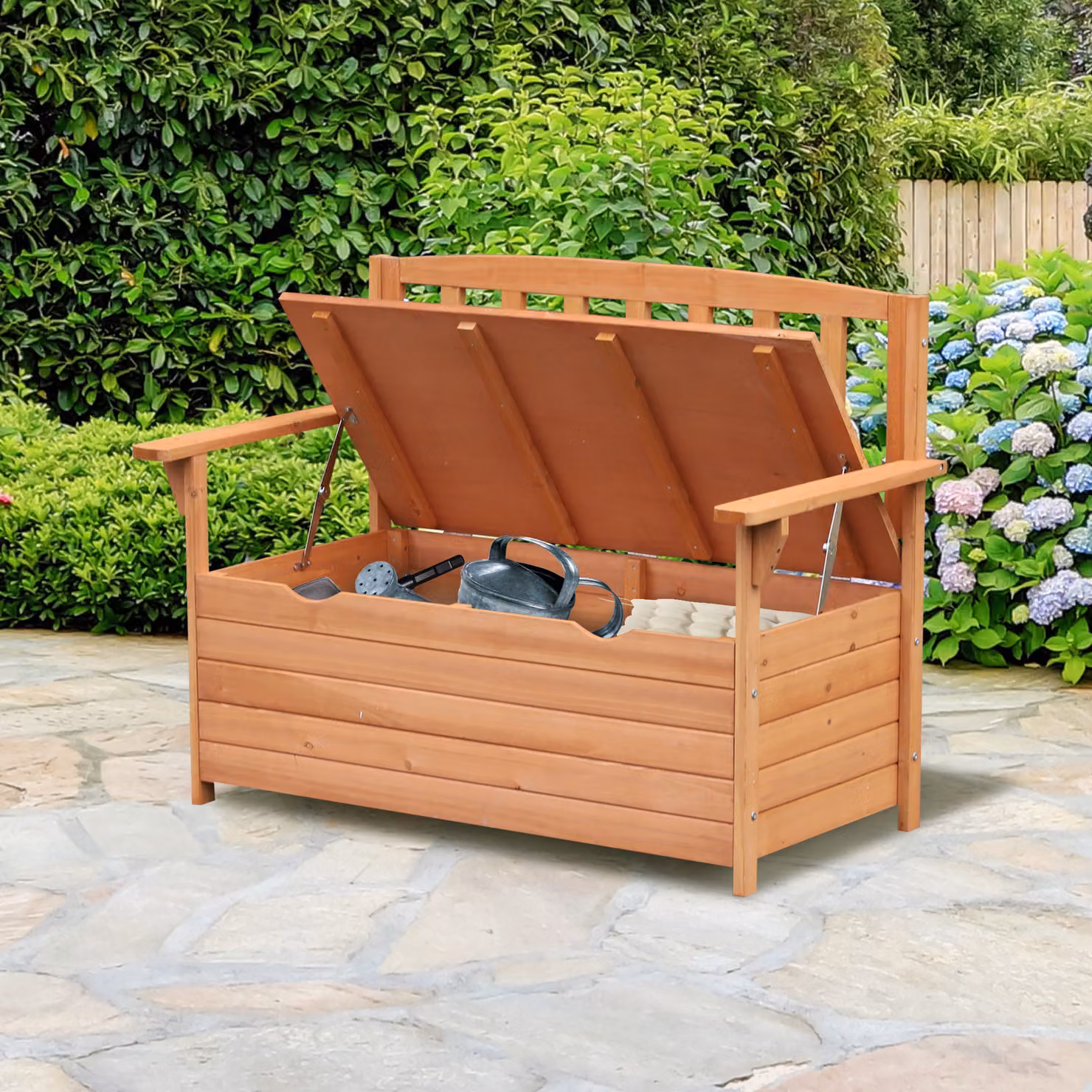 Outsunny Rustic Brown Fir Wood Outdoor Garden Storage Bench with Armrests – 2