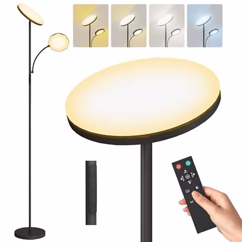 HOMCOM Black LED Floor Lamp with Remote Control, Dimmable Uplighter and Timer for Living Room – 1