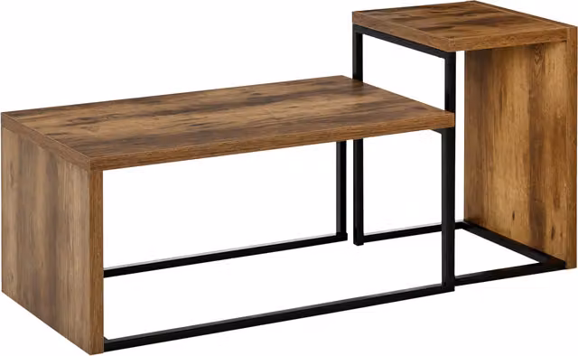 HOMCOM Set of 2 Industrial Style Coffee and Side Tables with Metal Frame in Black and Brown – 1