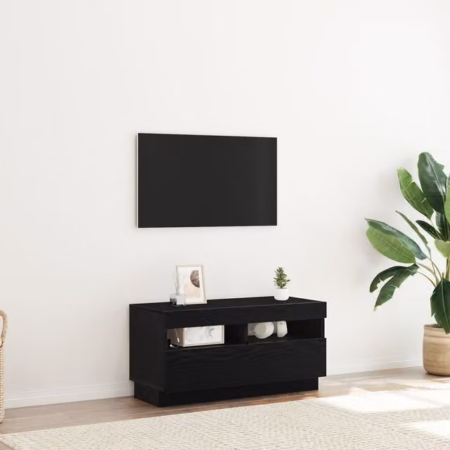 Berkfield Home Modern TV Cabinet with LED Lights in Black Oak, W/D/H: 80 x 35 x 40 cm