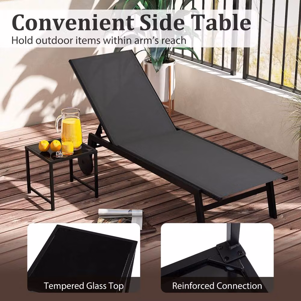 Costway Grey Patio Chaise Lounge Set with Side Table and Adjustable Headrest – 7