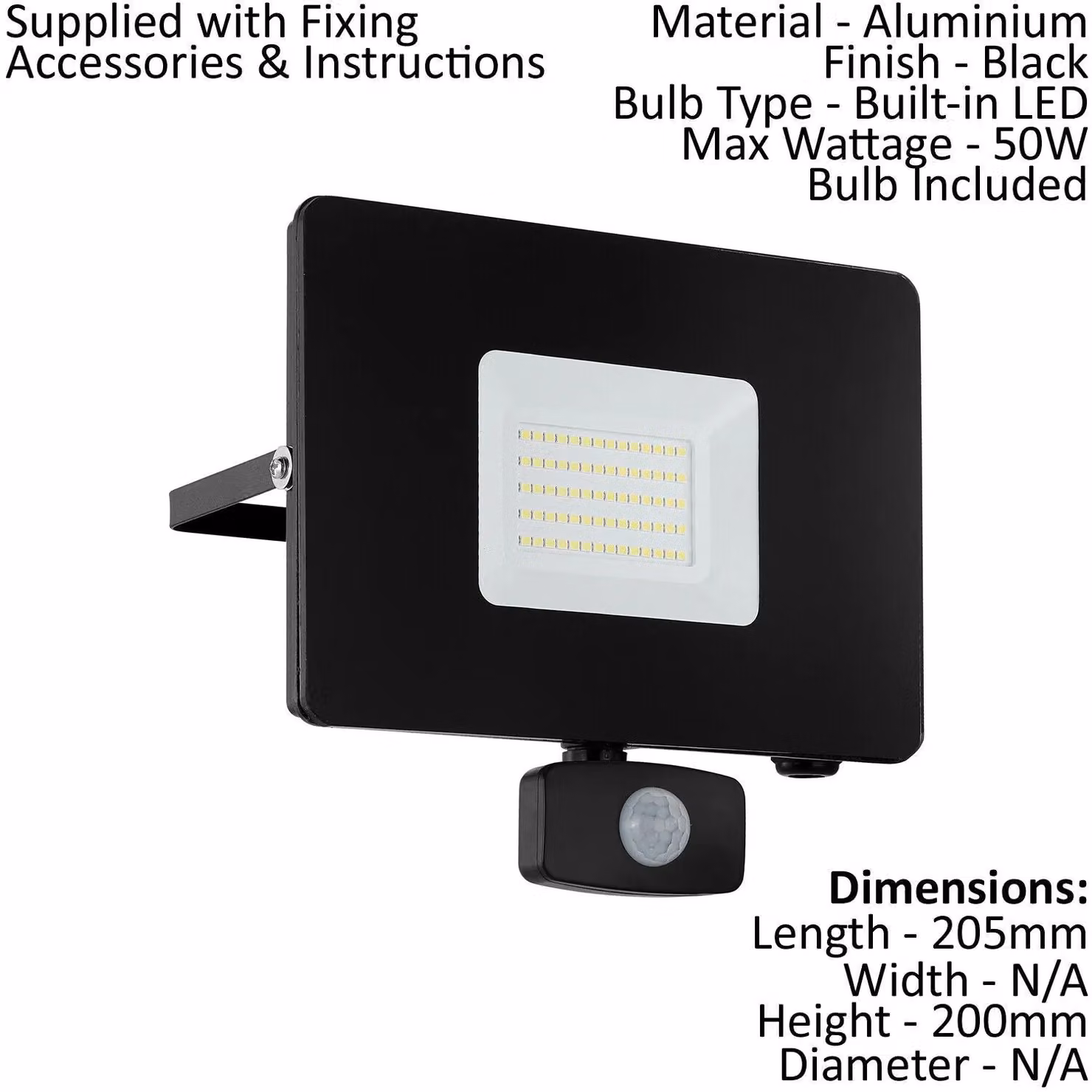 Loops 50W Black Aluminium Outdoor LED Flood Light with PIR Motion Sensor, IP44 Rated – 2