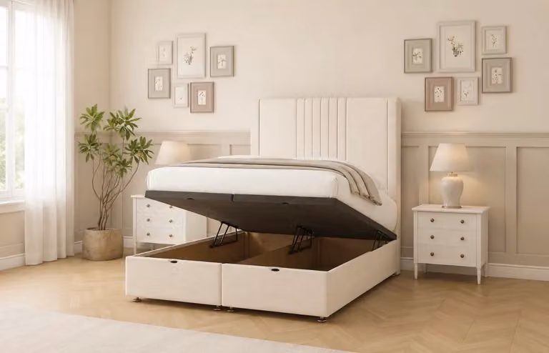 Auckland Divan Bed by BEDS NK LTD, White Upholstered Fabric Modern Lift Up Base Bed