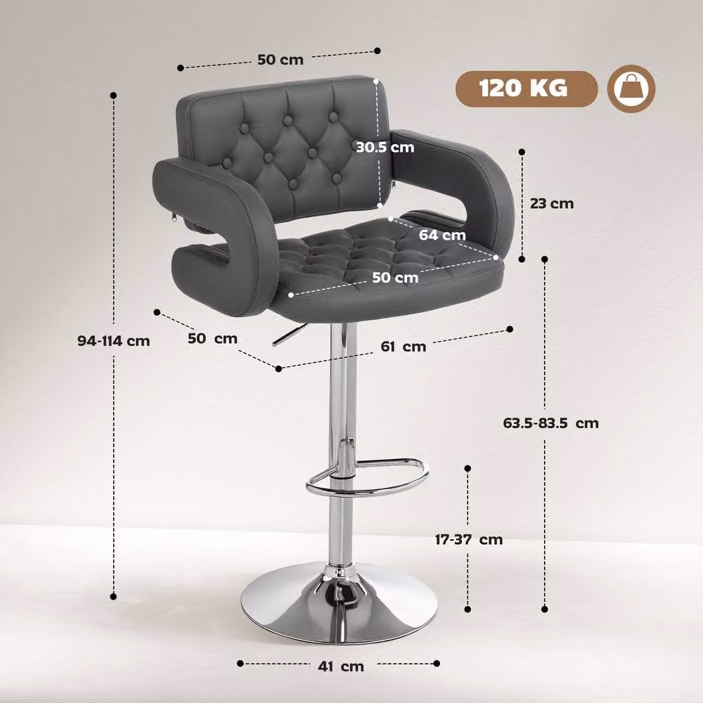 STILVORA Grey Synthetic Leather Adjustable Bar Stool with Armrests, Back and Footrest – 3