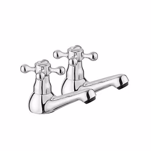 JASSFERRY Victorian Pair of Basin Pillar Taps, Polished Chrome, 1/2 inch Quarter Turn Crosshead