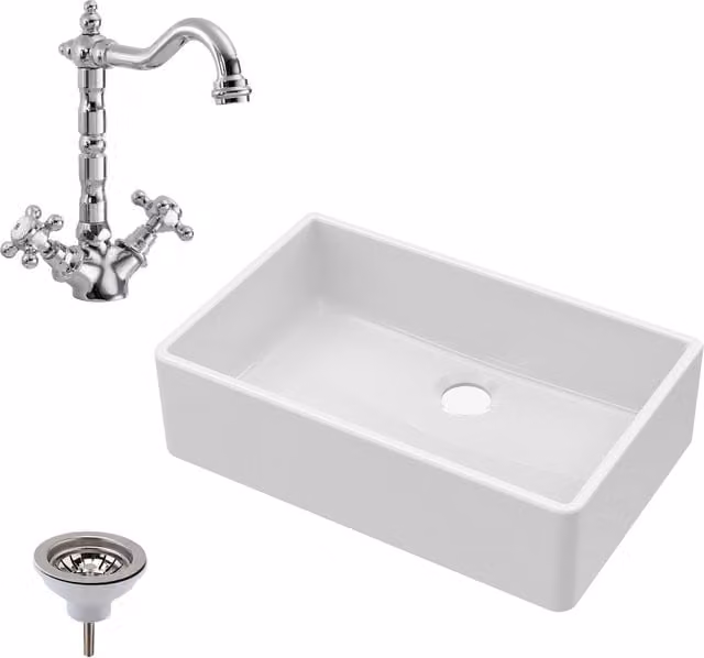 Balterley White Ceramic Fireclay Single Bowl Butler Sink French Classic Tap Waste W: 79.5 cm
