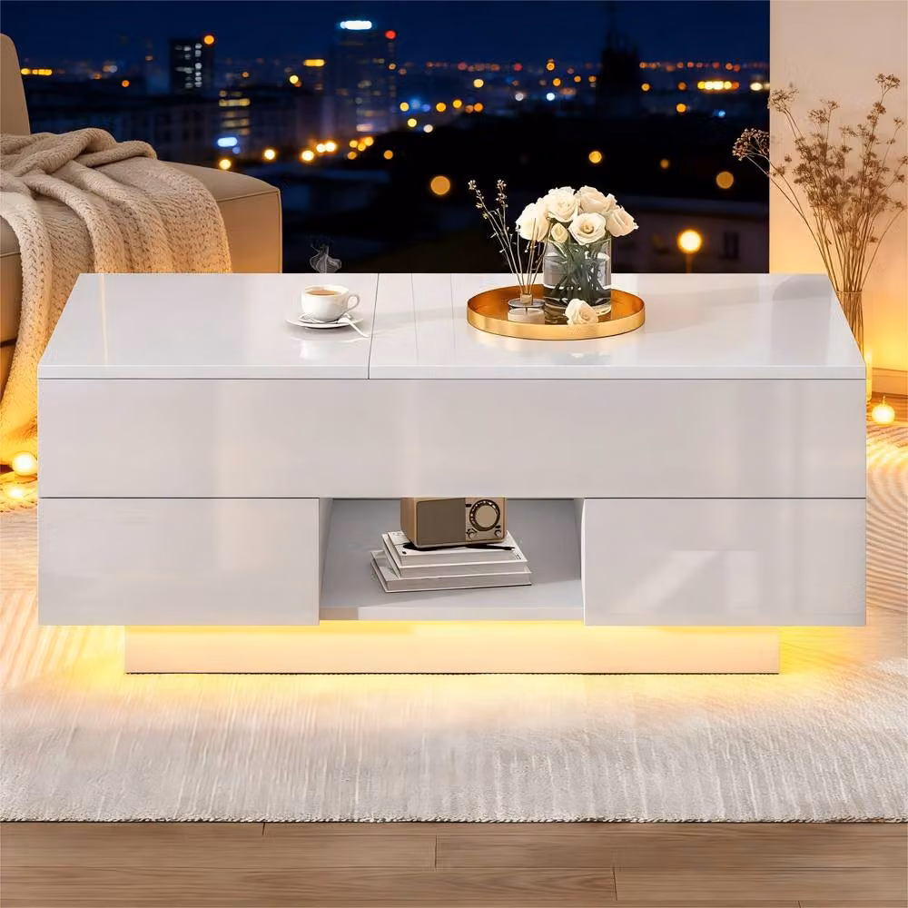 BTM White High Gloss Lift Top Coffee Table with LED Drawers and Rectangular Design W/D/H: 100 x 45 x 45 cm – 3