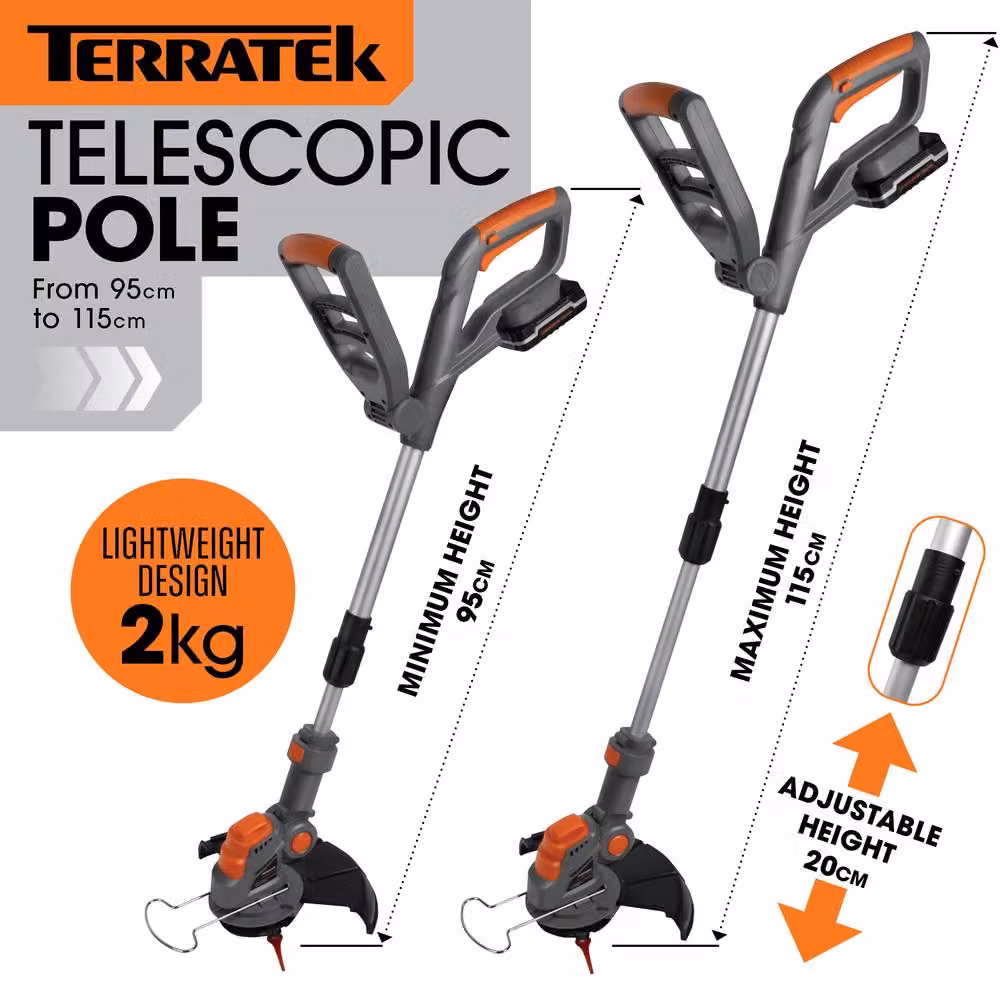 Terratek 20V Cordless Strimmer and Grass Cutter in Grey with 2 Rechargeable Batteries, Charger and Plastic Blades – 5