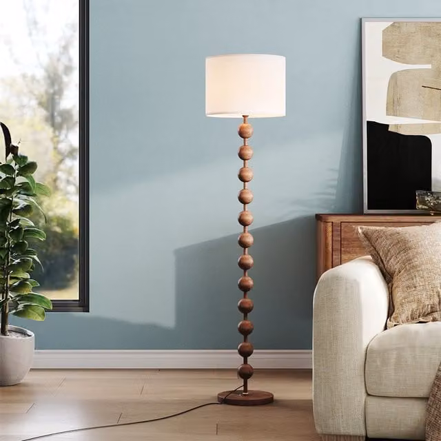 Lifeideas Modern Floor Lamp with Beaded-Style Metal and Wood Stand in Brown