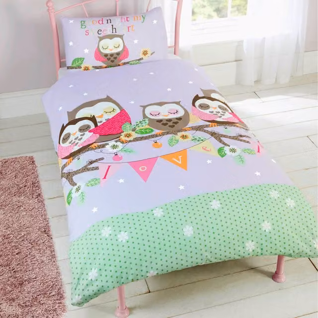 Rapport Home Goodnight Sweetheart Polycotton Duvet Set and Pillowcase with Animal Graphic Design in Multicolour and Purple