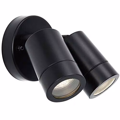 Loops IP44 Outdoor Twin Adjustable Spotlight in Matt Black with Transparent Glass, Dimmable Up and Down Wall Light for Garden or Porch, GU10 LED Compatible