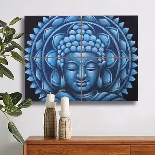 Ancient Wisdom Set of 4 Blue Buddha Mandala Brocade Detail Canvas Wall Art, W: 30 cm, H: 40 cm – 2