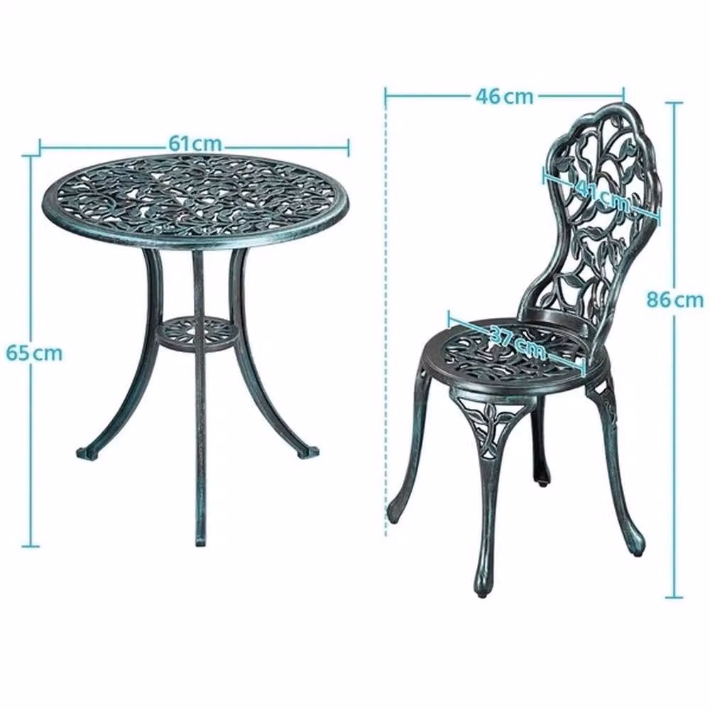 KORVIXA 3 Piece Antique Green Floral Bistro Dining Set with Aluminium Metal Table, Diameter: 100 cm – 2