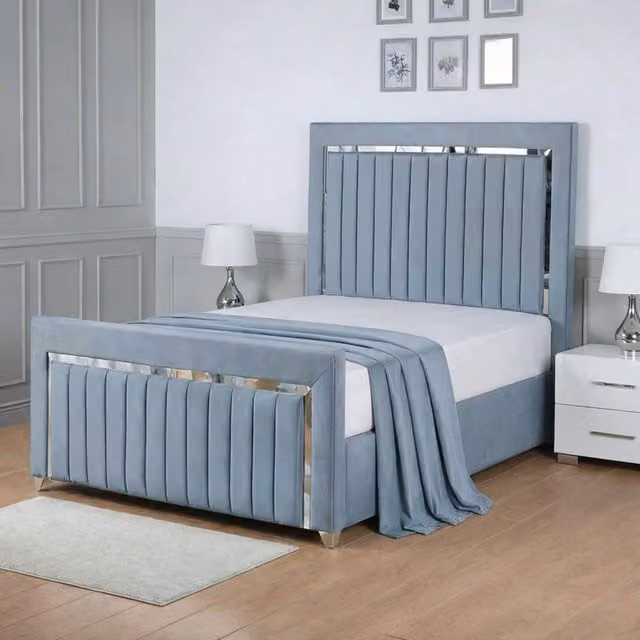 Living Comfort Bedz Chrome Edge Ottoman Gas Lift Storage Bed in Light Blue Velvet, Super King Size (200 x 200 cm)