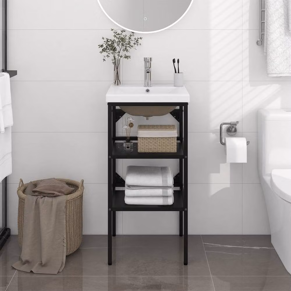 Berkfield Home Elegant Bathroom Washbasin Frame with Built-in Basin in Black Matt Iron, H 83 x W 38 x D 38 cm – 1