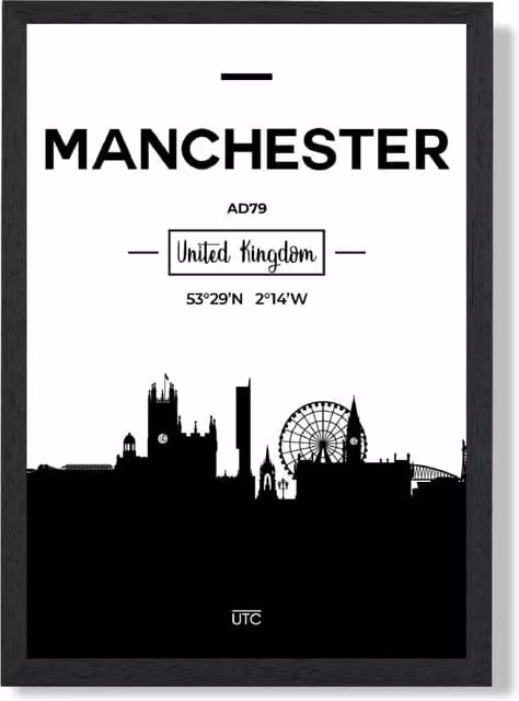ARTZE Manchester Black and White City Skyline Framed Paper Poster, A3, Black Frame