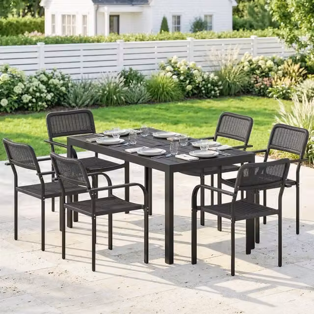 Outsunny Black Garden Dining Set for 6 People with Rectangular Metal Table and Umbrella Hole