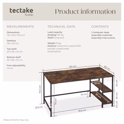 tectake Computer Desk in Brown with MDF Laminate Top and Metal Frame, W/D/H: 120 x 60 x 75.5 cm – 3