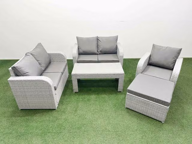 Fimous Poly Rattan Garden Furniture Set in Light Grey with Reclining Chair, 2-Seater Sofa, Ottoman and Coffee Table