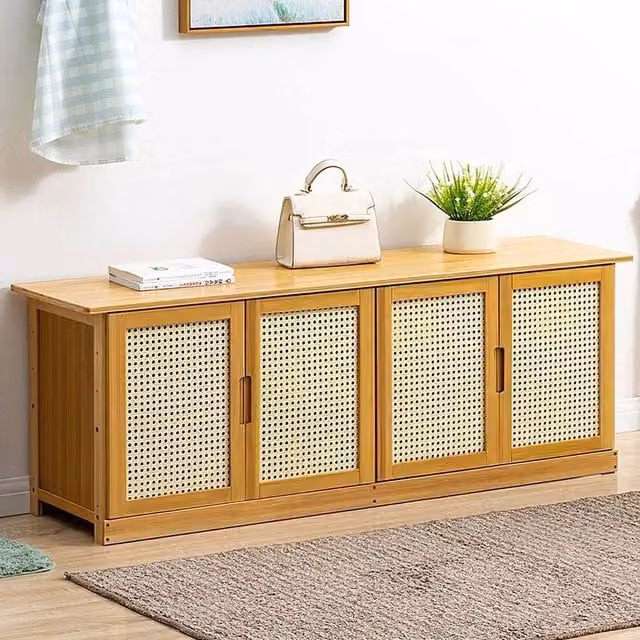 EONLION Shoe Bench Cabinet with Rattan Doors in Light Oak, Width: 100 cm