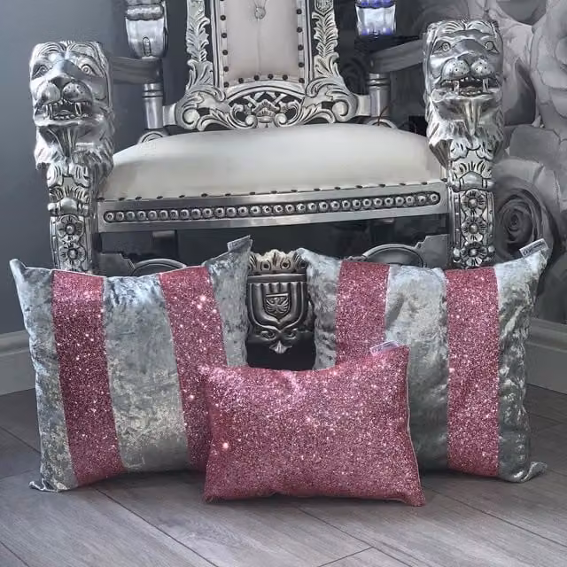 FABRICNCO Silver and Pink Striped Velvet Glitter Cushion Cover Set