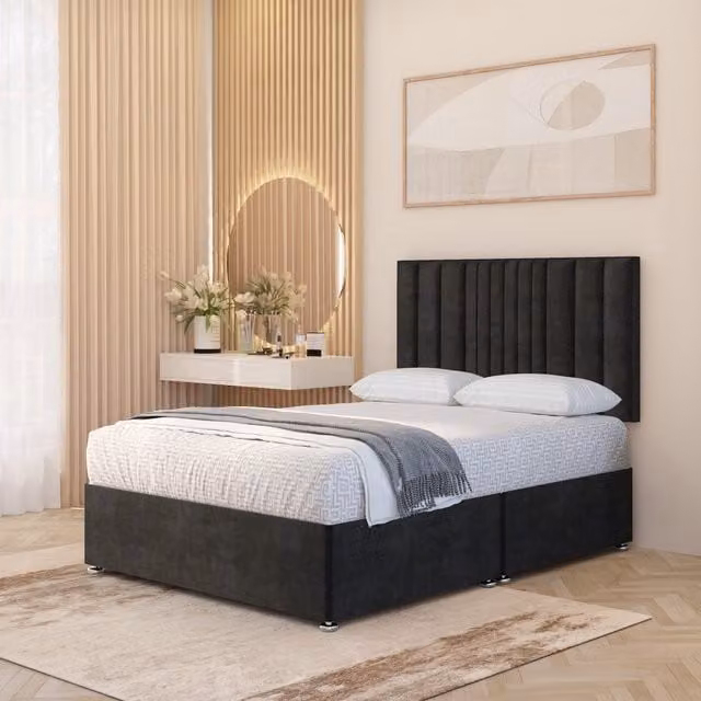 Somnior Beds Ltd Arizona Plush Velvet Orthopaedic Divan Bed Set with Hybrid Mattress and Headboard, Black, W/D/H: 120 x 200 x 28 cm