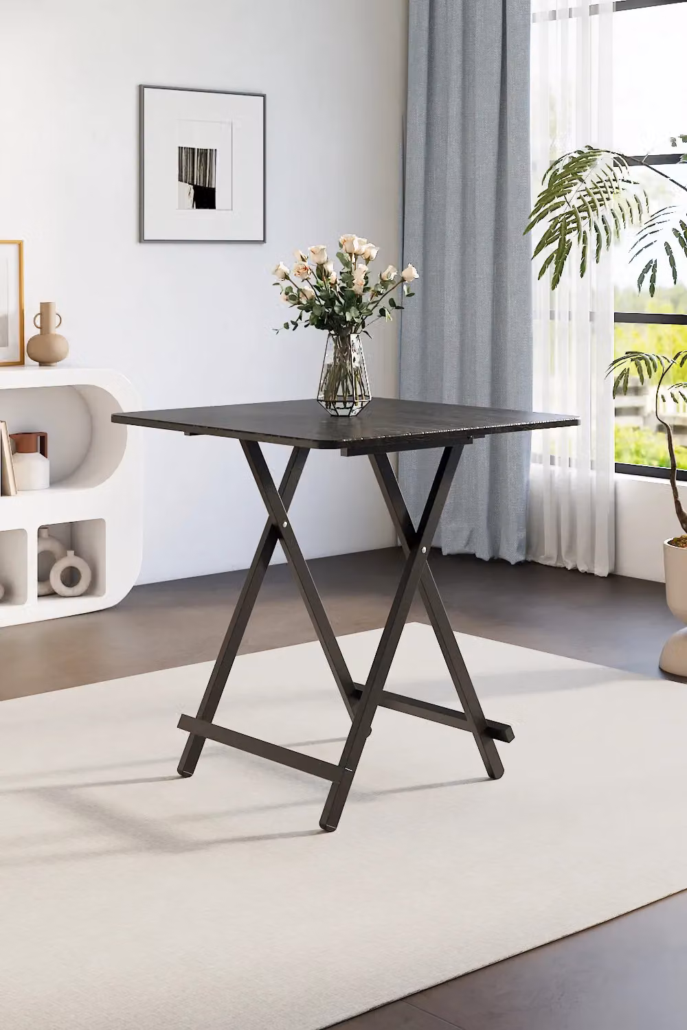 Living and Home Black Folding Square Wooden Table with MDF Laminate Top and Metal X-Frame for Indoor and Outdoor Use – 2