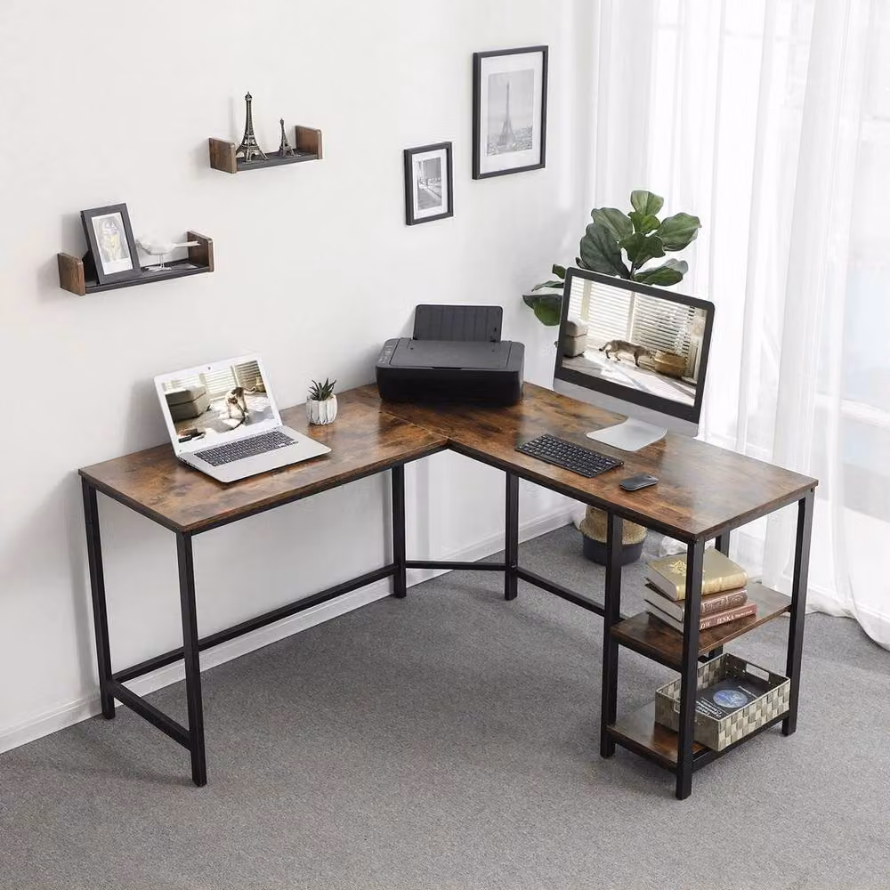 Kelvenix L-Shape Corner Office Desk in Brown with Grommet and Industrial Design – 3
