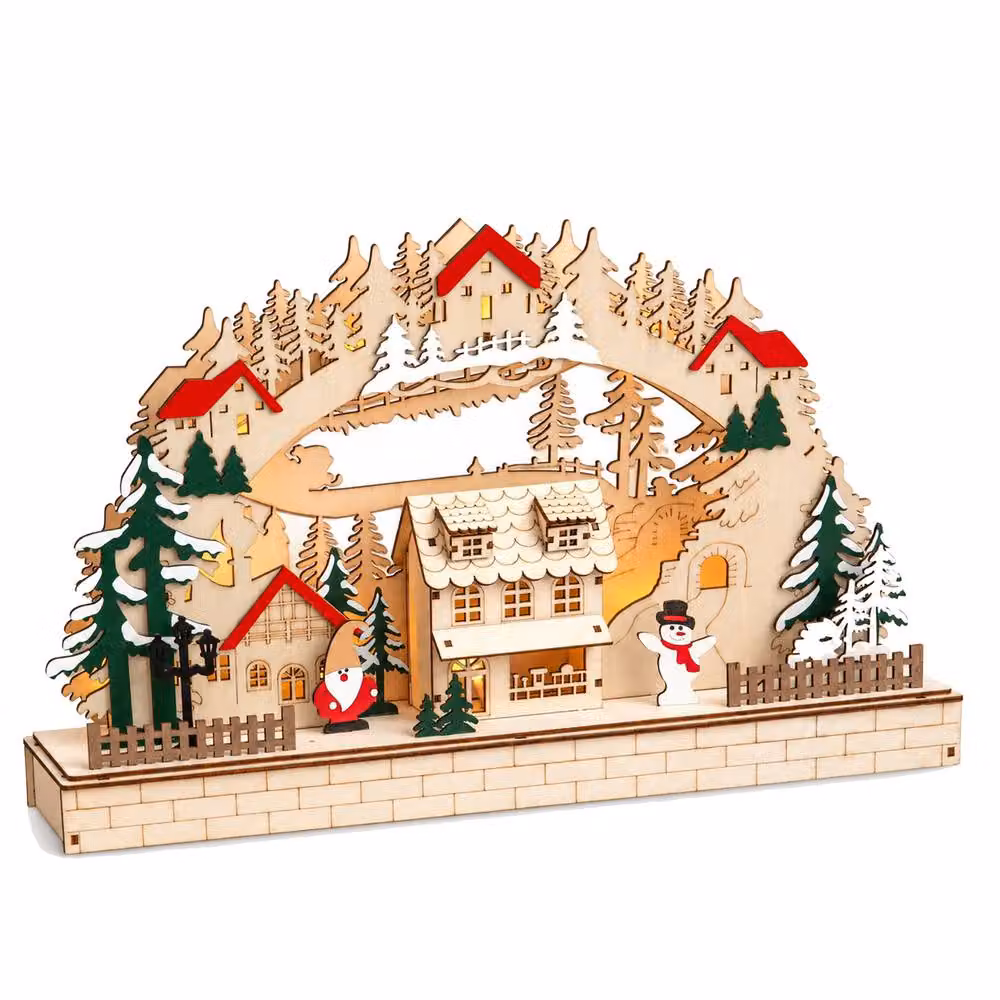 Samuel Alexander Wooden Christmas Candle Bridge LED Village Decoration in Brown, White and Orange, W: 27.0 cm, H: 8.0 cm, D: 8.0 cm – 2
