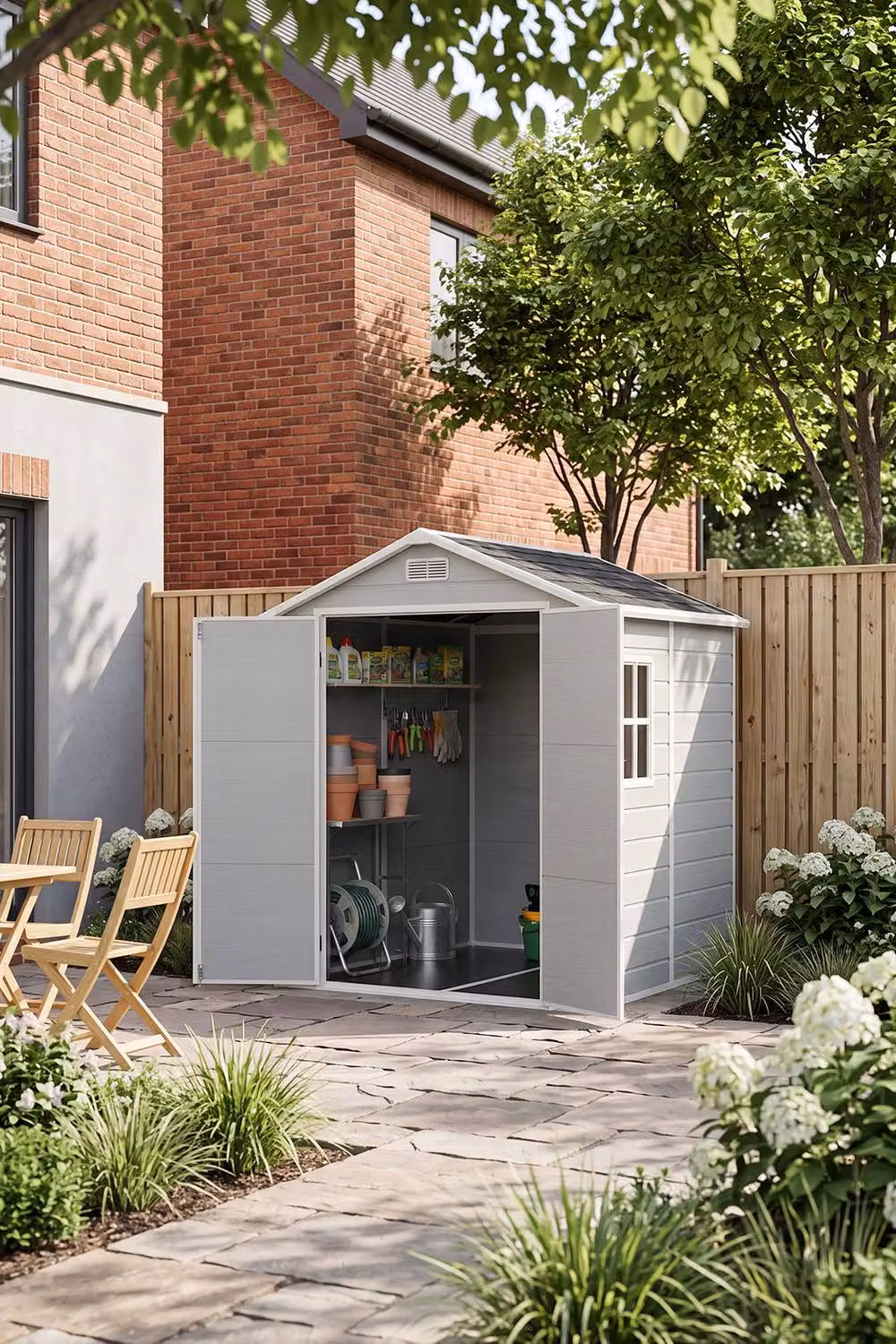Living and Home Grey Plastic Outdoor Garden Storage Shed with Gable Roof, W/D/H: 182.88 x 182.0 x 219.0 cm – 3