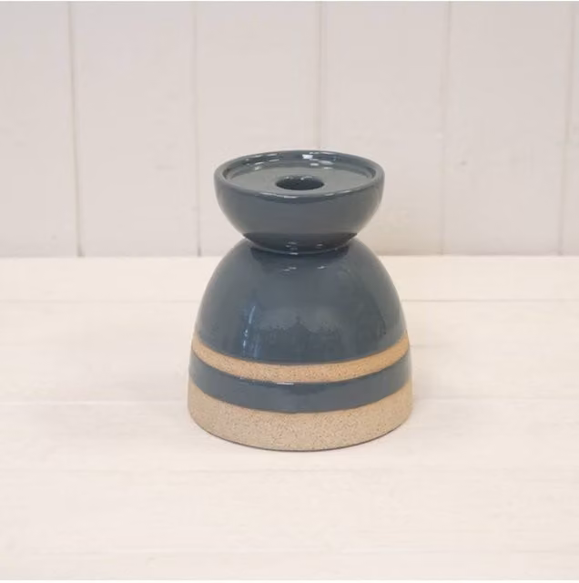 KDMD Blue Ceramic Glazed Tabletop Candle Holder with Unglazed Detail
