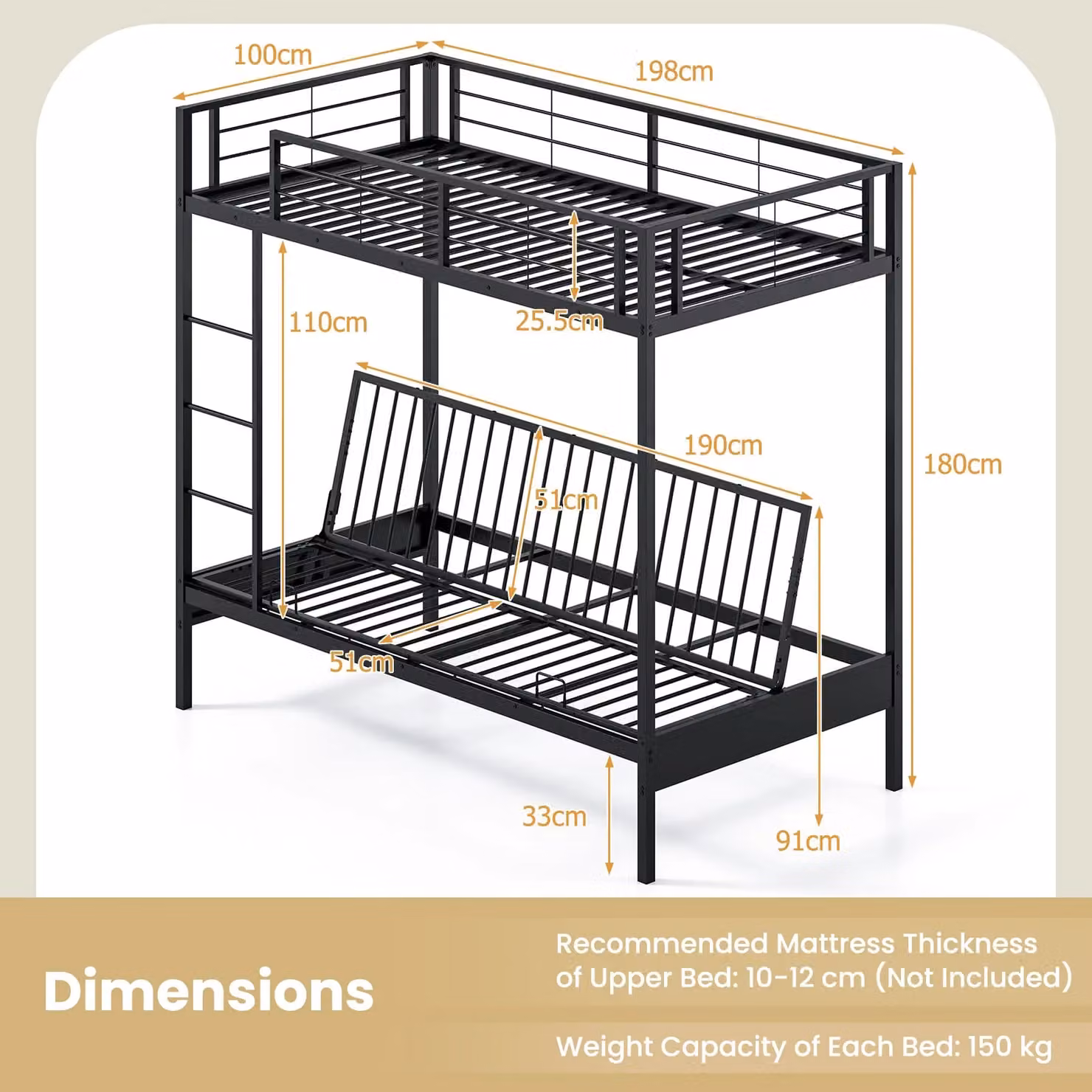 Gymax Single Over Futon Bunk Bed with Ladder and Bedside Shelf, Black – 2