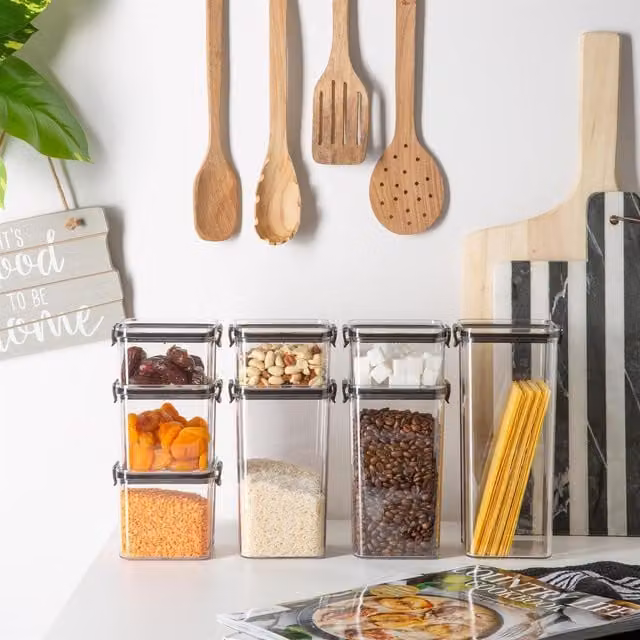 Argon Tableware 16-Piece Airtight and Leakproof Food Storage Container Set in Black and Transparent, BPA-Free and Stackable