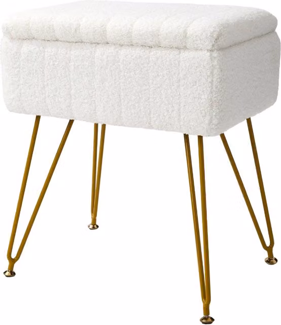 Livingandhome Modern White Bouclé Fabric Storage Ottoman with Gold Metal Frame