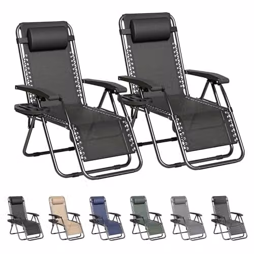 MCC Direct Set of 2 Zero Gravity Reclining Sun Loungers in Black Textilene with Powder Coated Steel Frame