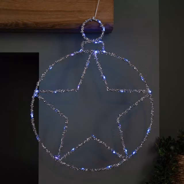 Samuel ALEXANDER Silver Star Ball Christmas Hanging Decoration with Twinkling Blue LEDs, Diameter: 49 cm