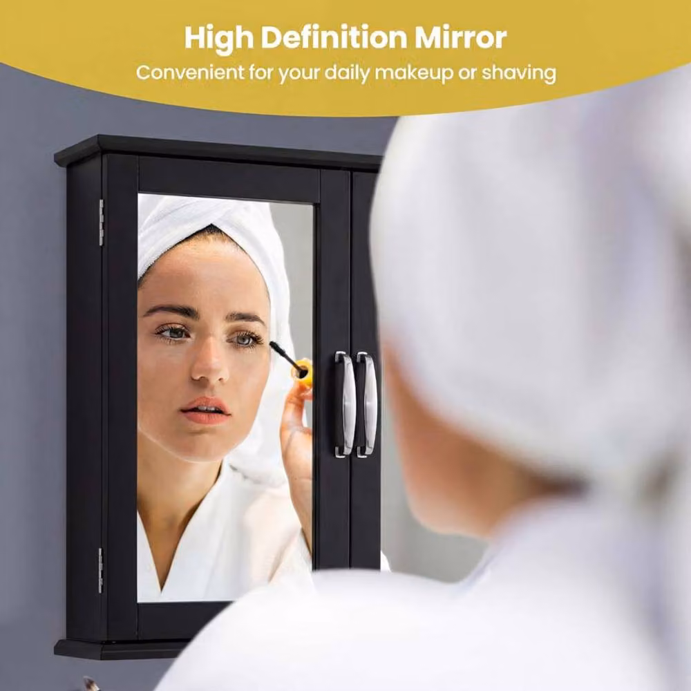 Gymax Modern Black Wall-Mounted Medicine Cabinet with Mirrored Double Hinged Doors – 7