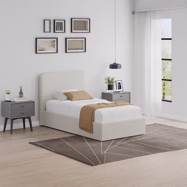 FWStyle Beige Upholstered Single Ottoman Bed Frame with Gas Lift and Metal Slats, 90 x 190 cm