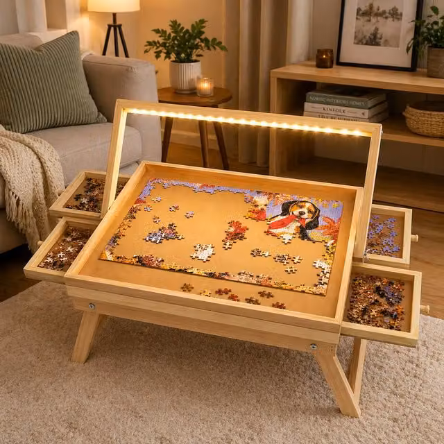 Gr8 Home Wooden LED Puzzle Table with Storage Drawers and Light, Brown