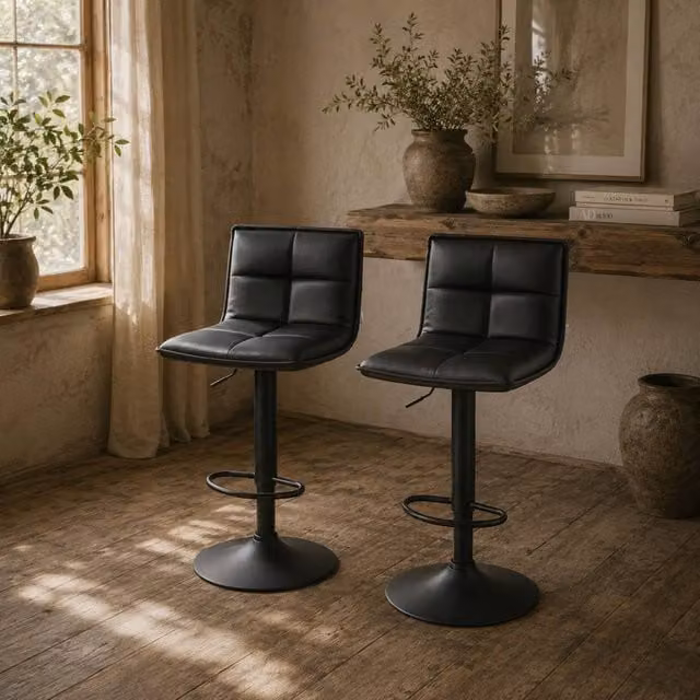 Wyld Haus Miha Set of 2 Black Faux Leather Swivel Adjustable Bar Stools – 1