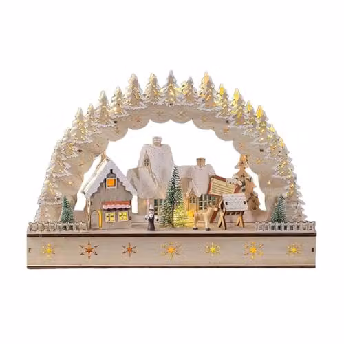 The Christmas Workshop Hand Crafted Wooden Christmas Village Scene with Warm White LEDs, White