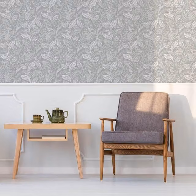 Fresco Artisan Leaf Botanical Floral Mid-Century Wallpaper Roll in Grey