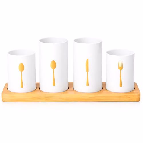 Innoteck 4-Piece White Bamboo Kitchen Cutlery Holder Set – 1