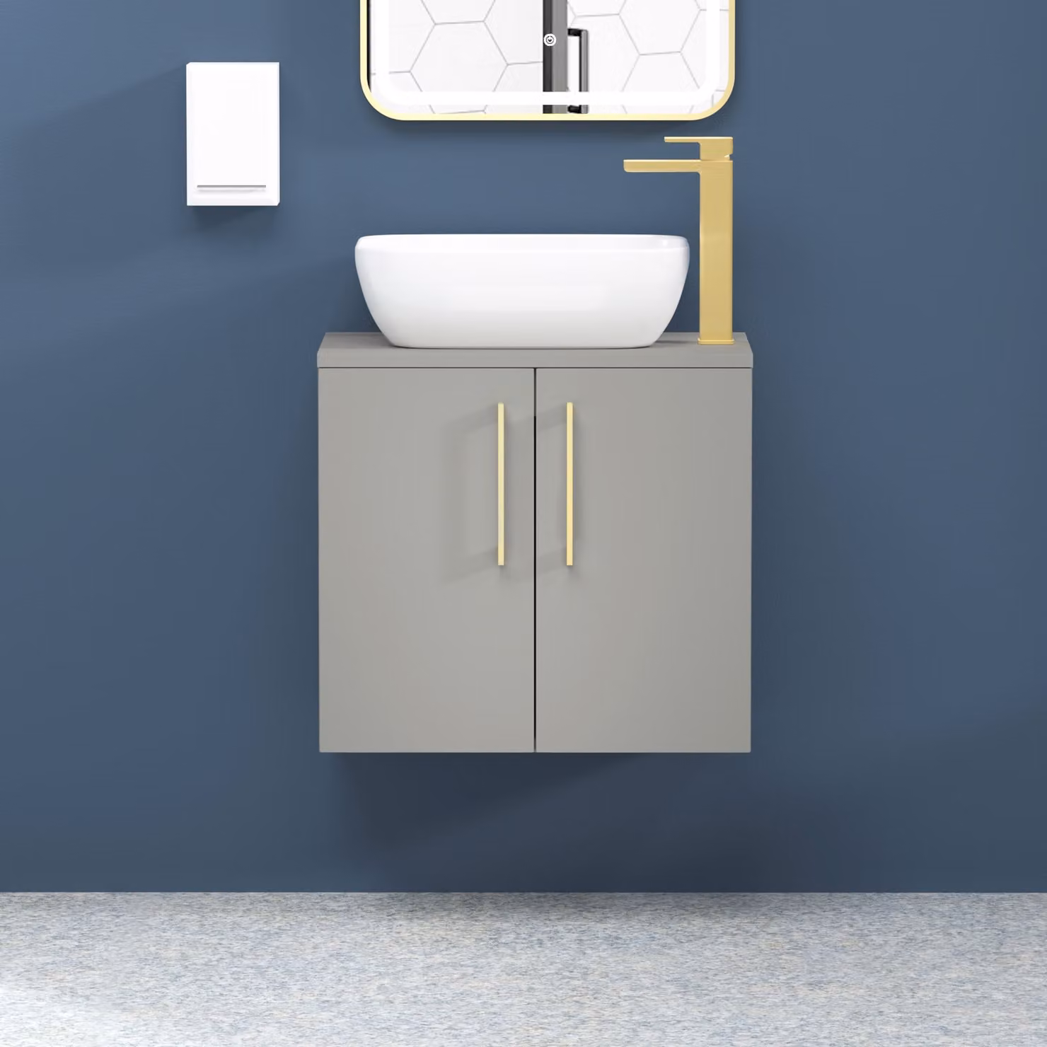 Royal Bathrooms Modena 800mm Wall Hung Vanity Unit in Satin Grey with Brushed Brass Handles and Countertop Basin