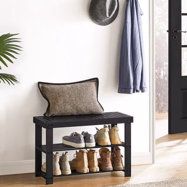 SONGMICS 3-Tier Bamboo Shoe Rack Bench, Black