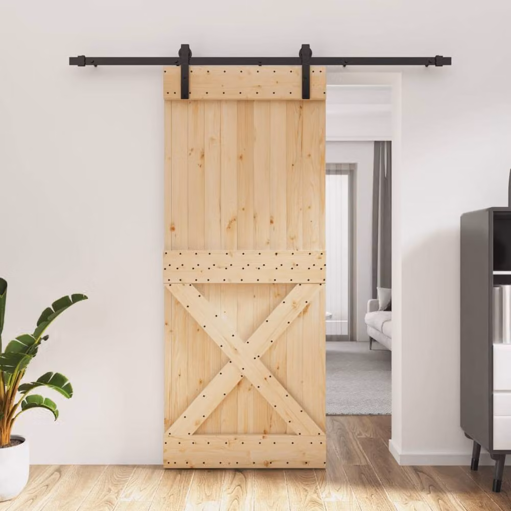 Berkfield Home Rustic Solid Wood Pine Sliding Door with Hardware Set in Tan, W: 85 cm, H: 210 cm – 2