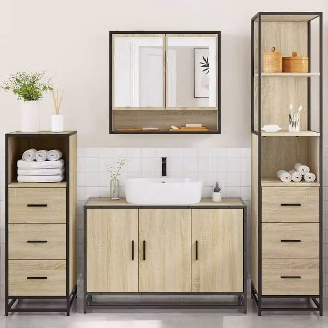 Berkfield Home 4-Piece Bathroom Furniture Set in Sonoma Oak and Light Brown – 1